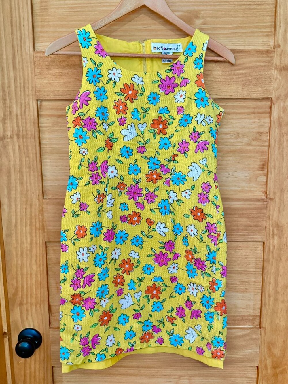 Vtg Y2K 90s Retro Yellow Floral Mod Revival Cotton Mix Nouveau Shift Dress sz 4P
